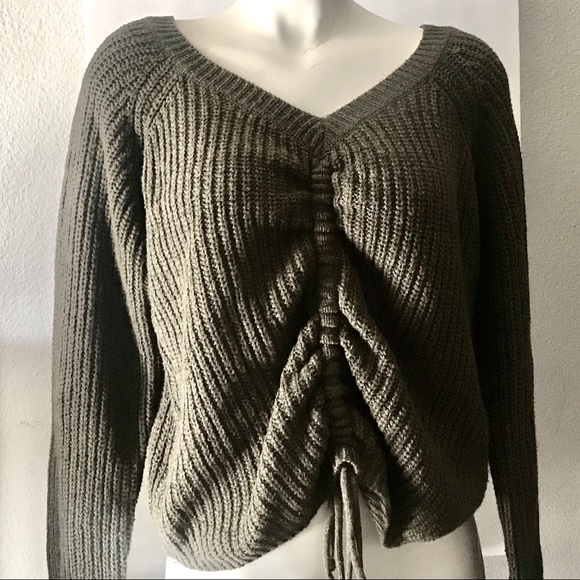 A.peach Olive Green V neck Ribbed Sweater - Picture 2 of 8